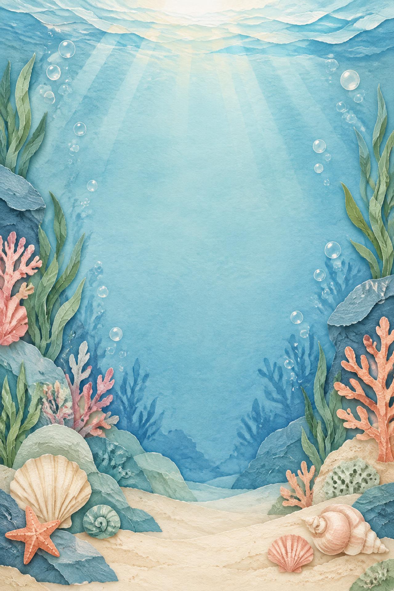 Cenário submarino ilustrado em papel e aquarela